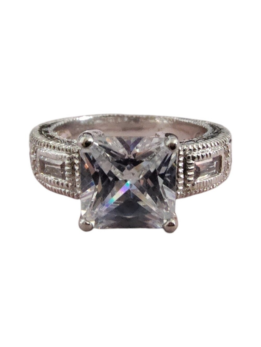 Silver Tone Clear CZ Statement Cocktail Ring Size 7